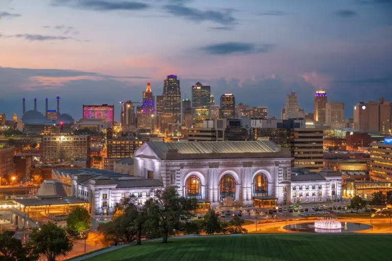 a large building with Union Station in the background