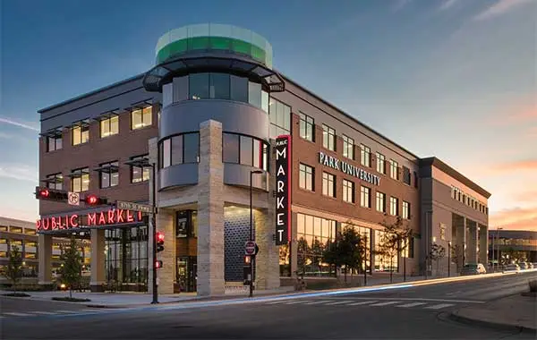 a building with a corner of a street